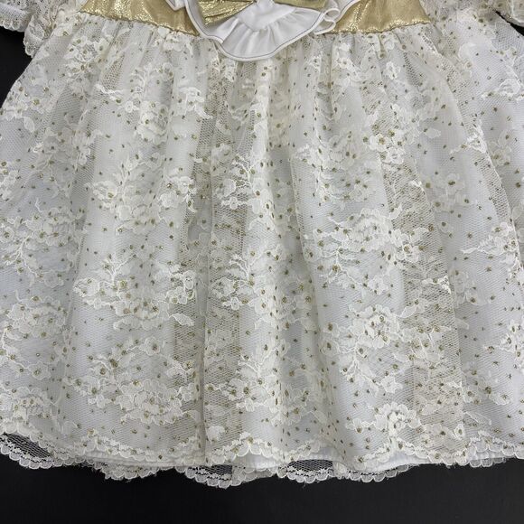 Vintage Nana’s Pet Designer Lace Ivory Gold Satin Dress 12 Months Wedding Lovely - Picture 8 of 9